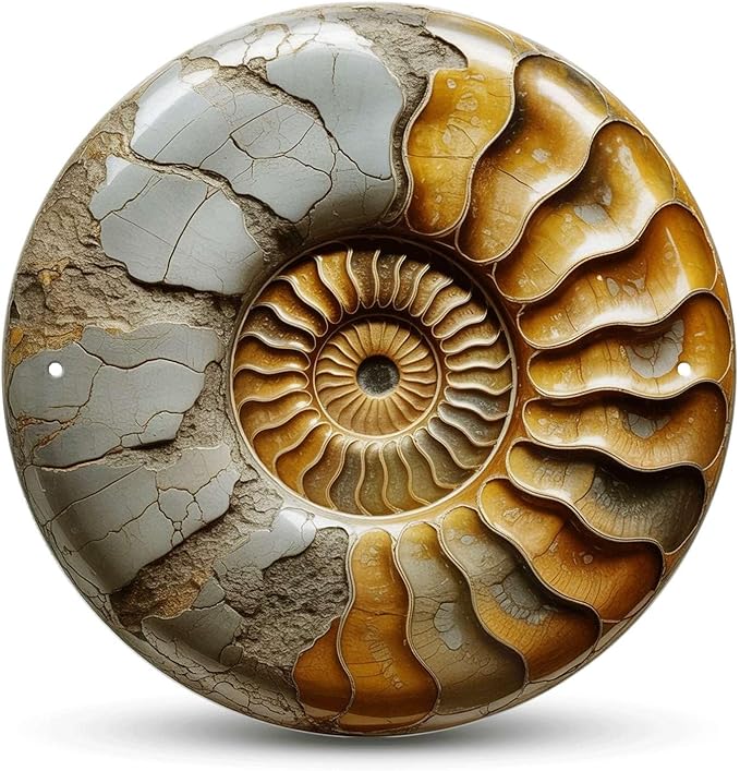 Nautilus Shell tin sign, Vintage Ammonite Fossil metal sign Print Aesthetic Room Decoration for Home Bedroom Bar Cafe Garden and Outdoor Round Wall Decor (12 inch)