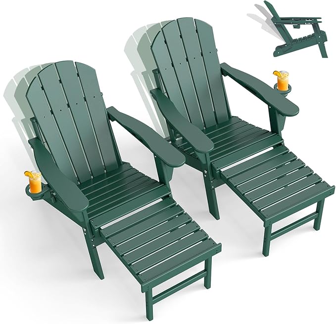 GREENVINES Adjustable Adirondack Chair with Retractable Ottoman Set of 2 | Folding | HDPE Plastic | Fire Pit Chairs w/Foot Rest | 2 Cup Holders | Forest | for Outdoor Patio Poolside Deck