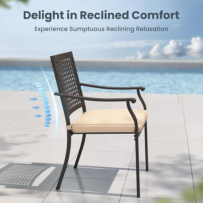 PHI VILLA 7 Pieces Outdoor Dining Set for 6, 59" Rectangle Metal Table with Umbrella Hole & Swivel Fixed Chairs with Cushions, Modern Wrought Iron Furniture for Patio, Deck, Yard, Porch