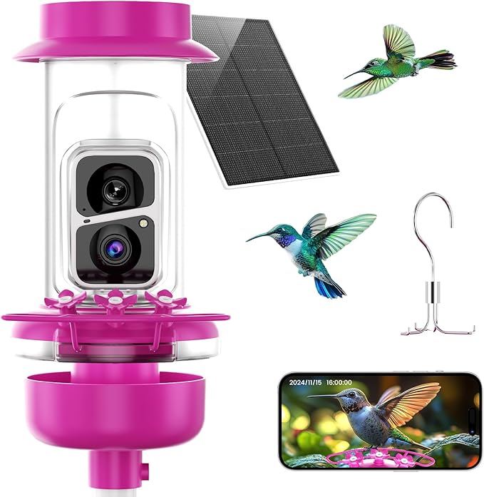 Soliom Hummingbird Feeder with Camera, Smart Feeder Camera Solar Powered with 2K Live View AI Identify, Leak Proof & Ant Moat & Bee Proof, Outdoor Pole/Hook Hanging, 16 OZ Ideal Gifts for Family-Pink