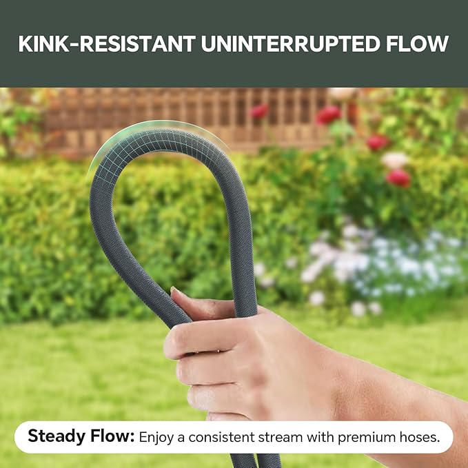 25ft Non-Expanding Garden Hose – Ultra-Light, Kink-Free, High-Pressure, Abrasion-Resistant, Durable, All-Weather, Eco-Friendly, Black&Gray