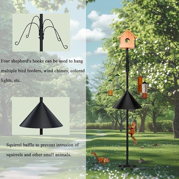 Bird Feeder Pole 93.31 Inch Feeding Station with Squirrel Proof Baffle Heavy Duty Metal Mounting Pole Stand with 4 Shepherd Hooks for Outdoor Decor Black (Bird House Not Included)
