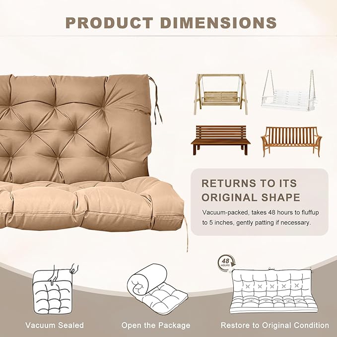 Porch Swing Cushion with Backrest,Waterproof Bench Cushion for Outdoor Furniture,2-3 Seater Replacement Thickened Swing Cushion with Ties,Patio,Outdoor,Backyard and Garden (Khaki,60x40)