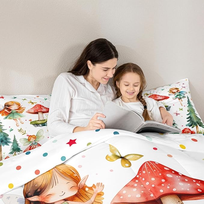 Erosebridal Mushroom & Fairy King Bedding Set - Butterfly Comforter Set for Kids Girls, Whimsical Fairies Garden Quilt | Forest Themed Butterflies Bedroom Decor with 2 Pillowcases