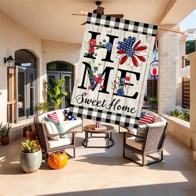 ORTIGIA Memorial Day Patrioctic House Flag Burlap Vertical Double Sided 4th of July Independence Day Home Sweet Home Large House Flag Yard Outside Outdoor Decor 28x40 Inch