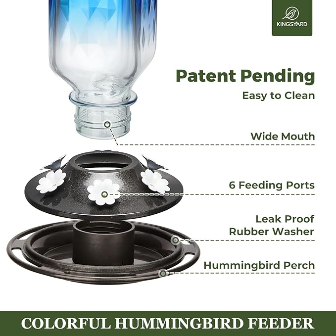 Kingsyard Glass Hummingbird Feeder for Outdoor Hanging, 24 Ounces, 6 Feeding Ports, Bird Nectar Feeder for Garden Décor, Ant Moat Included, Blue