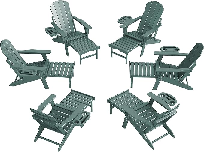 Adjustable Adirondack Chair with Retractable Ottoman Set of 6, HDPE Folding Adirondack Chair with Cup Holder, All Weather Fire Pit Chair for Outdoor.