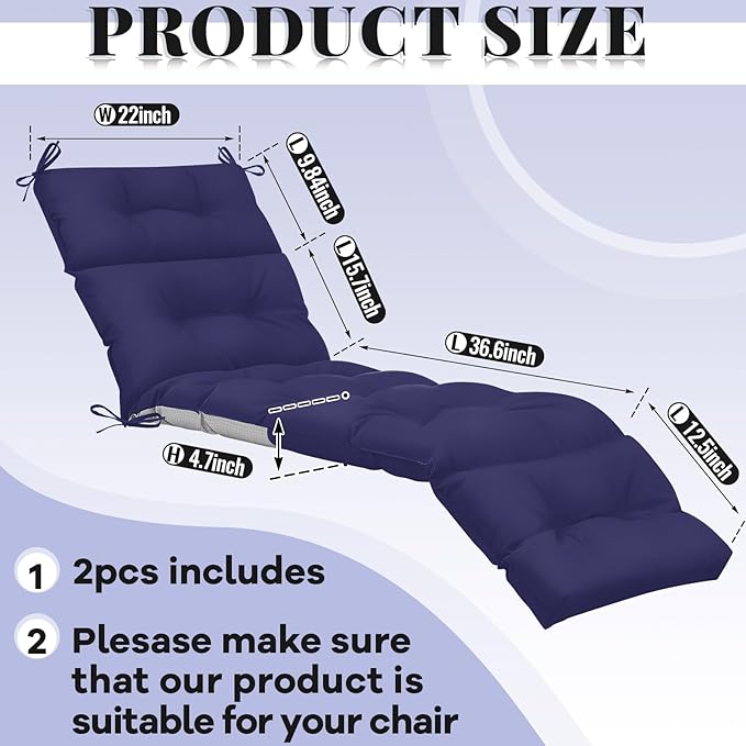 Kigley 2 Pcs Chaise Lounge Cushions 75 x 22 x 5 Inches Soft Lounge Chair Cushion Spring/Summer Seasonal Replacement for Outdoor Indoor Home Office (Navy Blue)