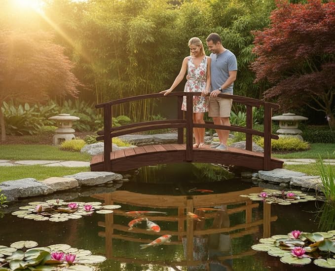 8 FT Walnut Amish Made Garden Bridge with Double Rails for Walkway, Backyard Pond & Landscaping, Outdoor Wooden Footbridge for Koi Pond, Japanese Style Decorative Bridge, Made in USA