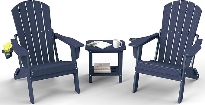 Folding Adirondack Chair Set 3-Piece - 38" Extra Tall Back & Embossed Wood Grain, Oversized HDPE Patio Furniture with Side Table & Cup Holders, 380lb Heavy Duty, Navy Blue