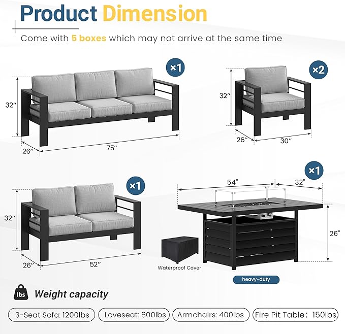 Wisteria Lane Aluminum Patio Furniture Set, 7 Seats Metal Outdoor Furniture Set with 54 Inch Propane Gas Fire Pit Table, Patio Conversation Set