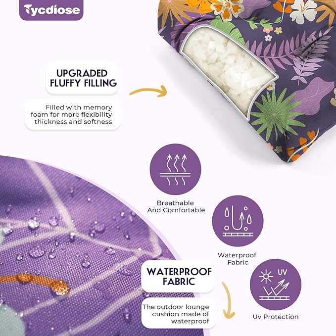 All Weather Chaise Lounge Cushions Outdoor Lounge Chair Cushion, Waterproof Memory Foam Chaise Chair Cushion for Outdoor Patio Furniture with Non-Slip Back and Ties, Purple Floral Leaf