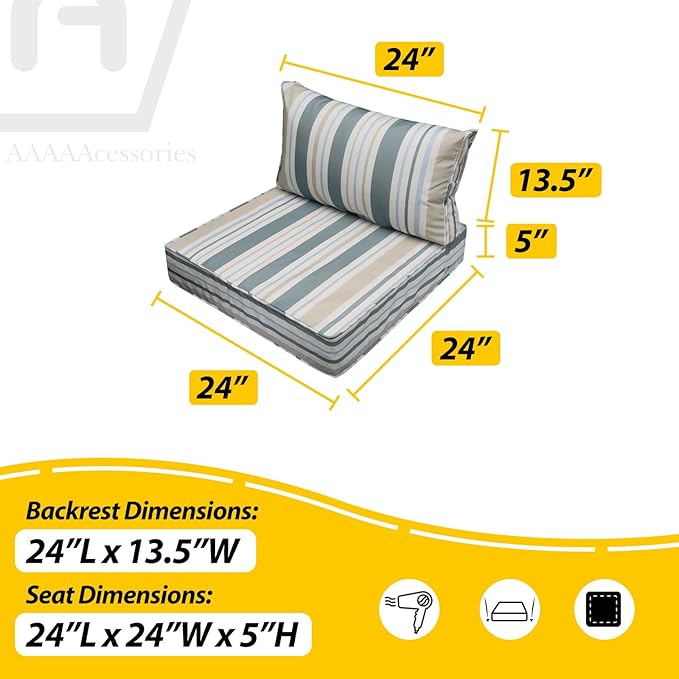 AAAAAcessories Outdoor Seat Cushions for Chairs, Fade-Resistant, Waterproof Patio Furniture Replacement Cushions, 24" x 24" x 5" + 24" x 13.5", Slate Gray Blue Coastal Stripe