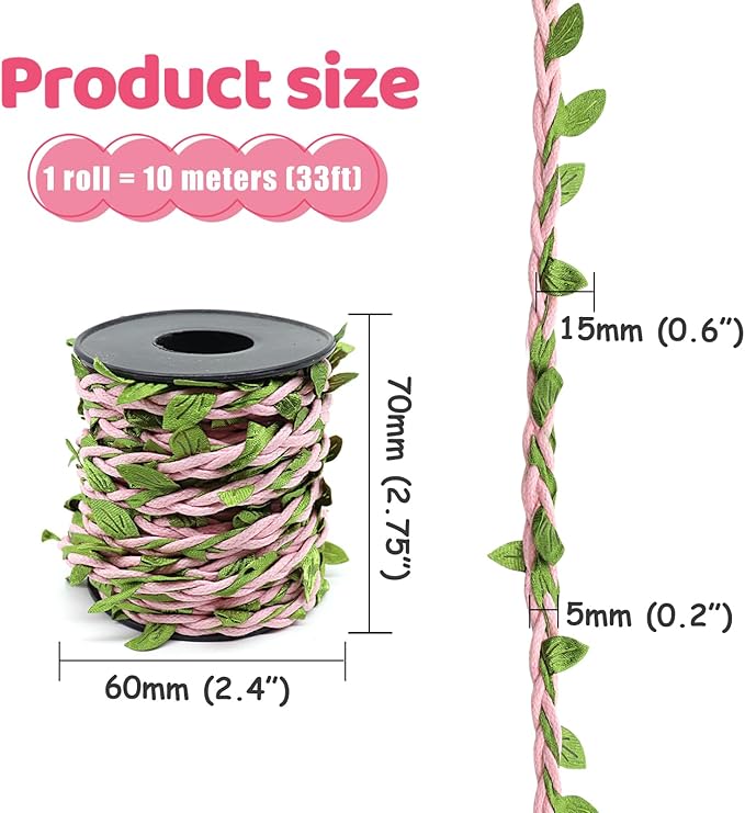 33ft Waxed Twine with Green Leaves, 3-ply Waxed Cord, Artificial Leaves Waxed String for Crafts and Decor (Pink Waxed Twine)