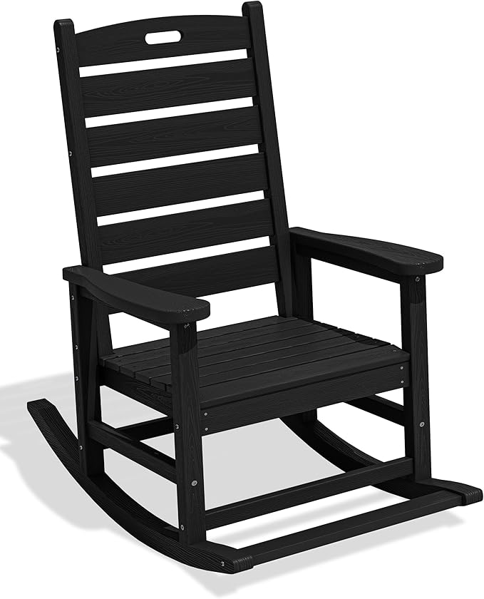 SERWALL Oversized Outdoor Rocking Chair, HDPE Patio Rocking Chair with Footboard for Adults, All Weather Porch Rocker for Deck Patio Balcony, Black