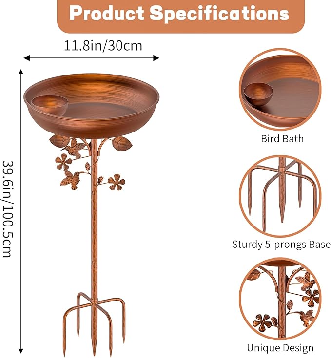 Metal Bird Bath for Outdoors Garden Birdbath Bowl, 39.6" Height Bird Feeders for Outside with 5 Prongs Base Stake, Standing Birdfeeders for Yard Lawn Decor (Vintage Copper)