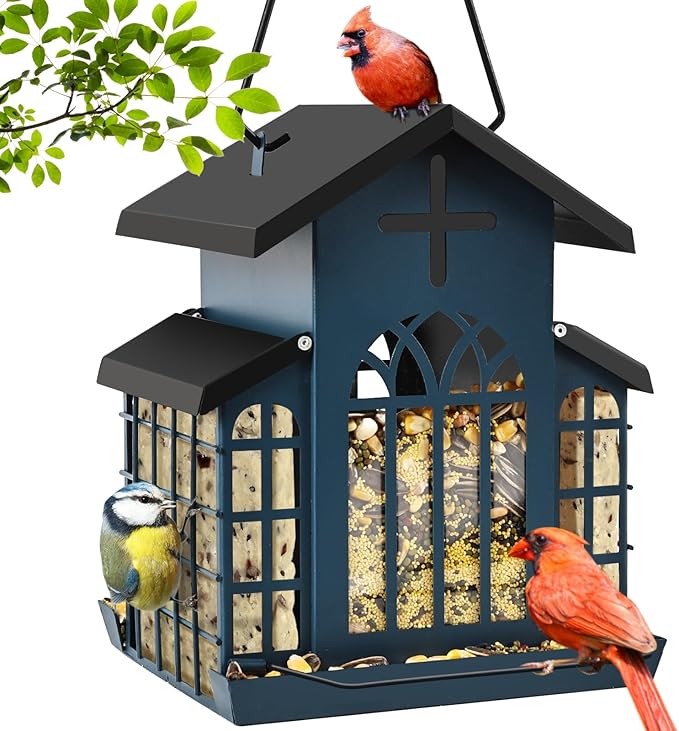 5LB Church Metal Hanging Bird Feeder for Outdoors, Weatherproof Suet Feeders for Outside Hanging, Large Bird Feeders Great for Attracting Finch, Woodpecker and More Wild Birds-White