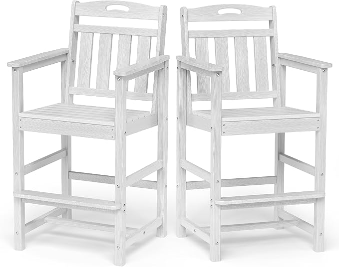 Ciokea Set of 2 Outdoor Tall Bar Chairs, 27" Bar Height Patio Stools with Arms & High Back, Heavy Duty All-Weather Adirondack Tall Chairs for Balcony, Poolside, Deck and Garden, White