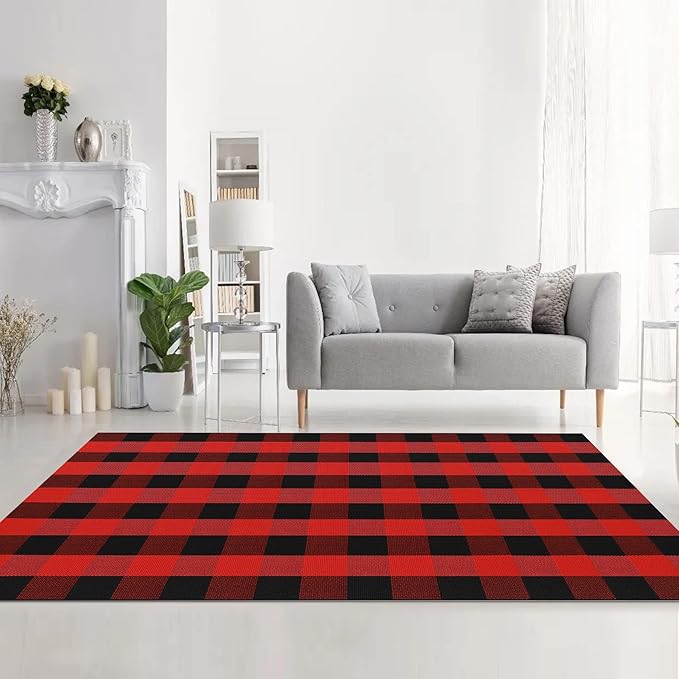 MUBIN Cotton Buffalo Plaid Rug, 4'x6' Black and Red Outdoor Rug Front Door Decorative Mat, Hand-Woven Foldable Rug for Layered Door Mats Washable Carpet for Front Porch, Entryway, Farmhouse