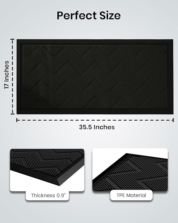 Long Front Door Mat for Outside Entrance 35.5"x17" – Anti-Slip Dirt-Trapping Waterproof Rubber Indoor & Outdoor Mat with Textured Surface for Entryway - Heavy Duty All Weather Doormat – Black