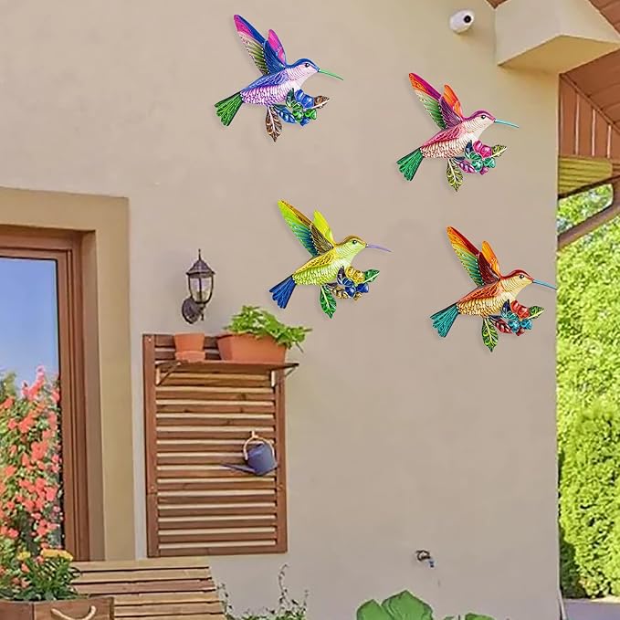 SUNREEK 4 Pack Metal Hummingbird Wall Art, Hanging Birds Outdoor Fence Decorations for Garden Patio Yard Living Room Door Balcony