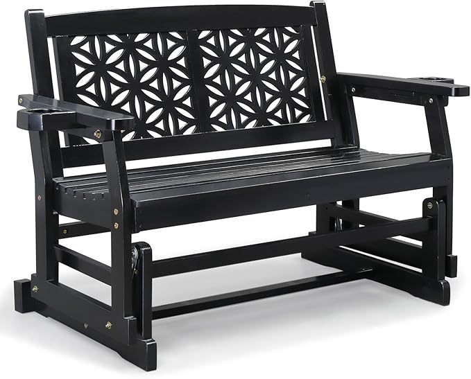 VINGLI Fir Wood Outdoor Glider with Floral Backrest, Wooden Patio Gliding Bench with Cup Holders, Smooth Rocking Chair for Garden, Yard & Porch (Black, 4FT)