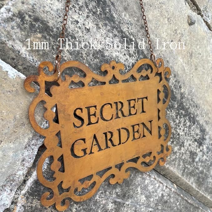 Rustic Iron “Secret Garden” Hanging Sign, Natural Rust Patina Metal Plaque with Ornate Cutout Scrollwork and Chain, Garden Gate & Wall Decor, 7.9 × 5.9 Inches