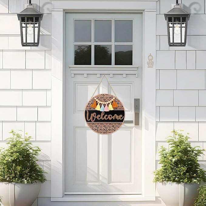 HLNIUC Welcome Hanging Sign Plaque(11”x11”) Rustic Farmhouse Hanging Plaque,Welcome Door Hanger with Beads Tassels,Minimalist Office Wooden Signs,Funny Front Wood Sign for Porch Home Outdoor Indoor