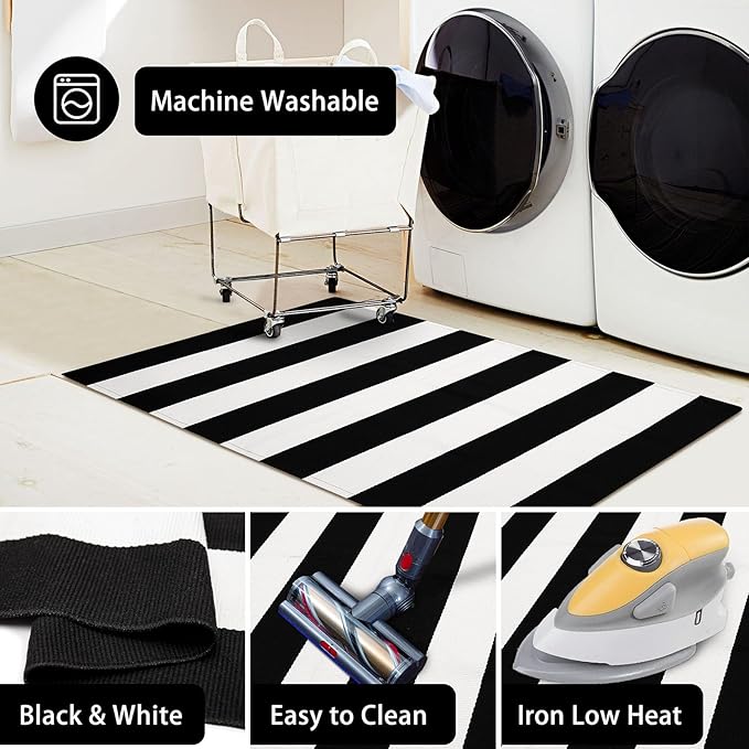 KOZYFLY Black and White Area Rug 27.5x43 Inches Striped Front Door Rug Cotton Washable Indoor Outdoor Rug Doormats Outdoor Small Striped Rugs for Kitchen Entryway Patio Front Porch Decor