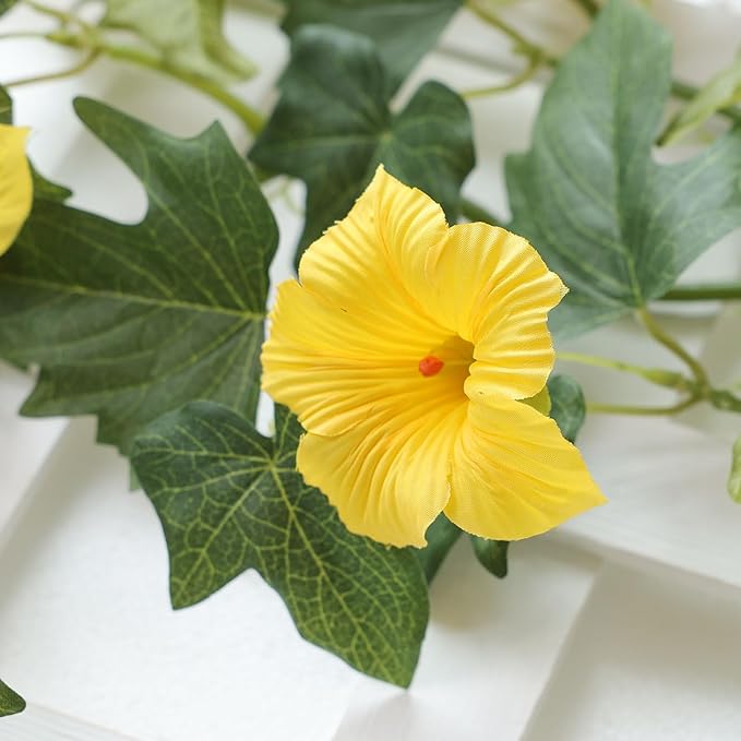 Mizii Artificial Petunias Flower Vines Garland 6 Feet Yellow Faux Morning Glory Silk Flowers Garland UV Resistant Fake Hanging Vines Plants Decorations for Outdoor Garden Indoor Home Decor (Yellow)