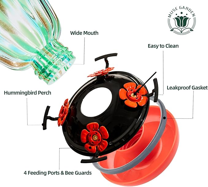Muse Garden Solar Hummingbird Feeders for Outdoors Hanging, 38oz Hand Blown Glass Humming Bird Feeders for Garden Decor, Moms Birthday Unique, Green