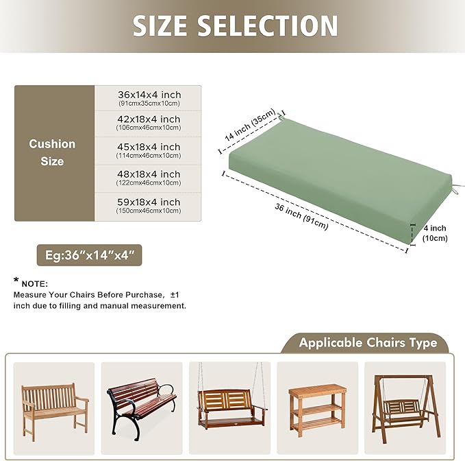 Outdoor Bench Cushion Waterproof 45"x18" – Fade-Resistant Patio Furniture Cushion with Ties for Porch Swing, Loveseat, or Indoor Bench Replacement, Sage Green