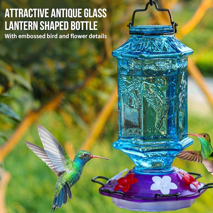 Hummingbird Feeder for Outdoors, Lantern Shaped Bottle, 6 Simulation Flowers Feeding Ports, 26 fl.oz, Hanging for Garden Yard, Rust Proof, Blue(Ant Moat Included)