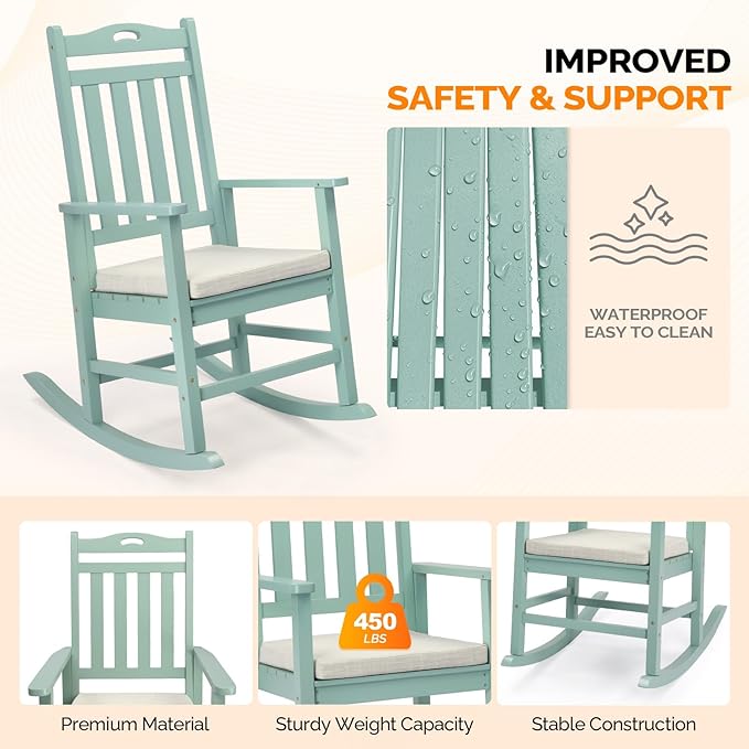 VINGLI Outdoor Rocking Chair, Heavy Duty 450 lbs Poplar Wooden Rocking Chair with High Backrest Design, Come with a Cushion, All-Weather Lounge Rocker Support for Garden, Deck (Mine Green)