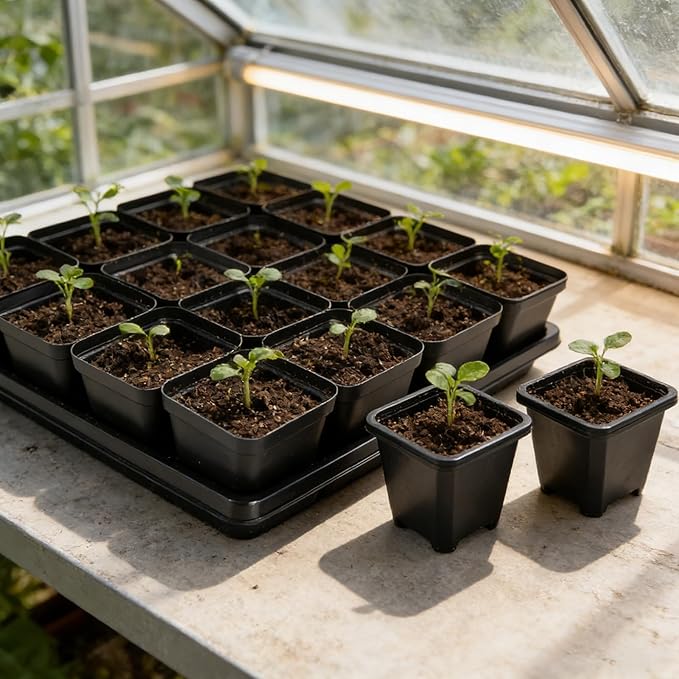 NNG 2.6 inch 100 Pcs Black Square Nursery Pots with 5 Pcs Plastic Seed Starting Trays,Plant Propagation Starter Kit Square Seed Starting Pots with Drain Holes
