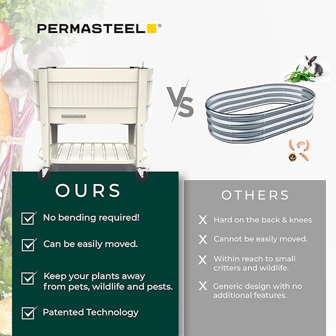 Permasteel Raised Garden Bed with Legs, Planter Box with EnGrow™ TrueSoil™ Technology for Vegetables, Flowers, Herbs, and Fruit, Outdoor Indoor, Storage Shelf, Caster Wheels, Ivory