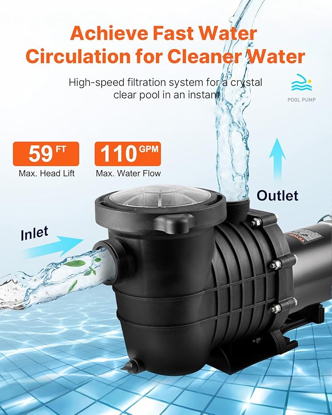 VEVOR Above Ground Pool Pump, 2 HP Single-Speed Operation Pump with 110 GPM Max Flow, 3450 RPM, 110V/240V, 59 ft Max Head, Equipped with a Filter Basket, for Above Ground Pools, Spas, and Hot Tubs