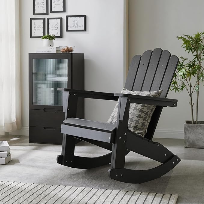 Psilvam Outdoor Adirondack Rocking Chair, Poly Lumber Porch Rocker with High Back, Patio Rocking Chair for Both Outdoor and Indoor (Black)