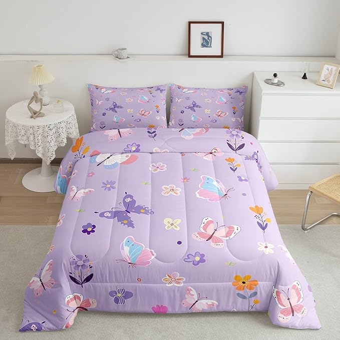 Erosebridal Purple Floral Queen Comforter Set,Cute Butterfly Bedding Sets for Kids Girls Teen,Coquette Flower Quilt Bed Set,Dreamy Flowers Garden Bedroom Decor,2 Pillowcases Lightweight