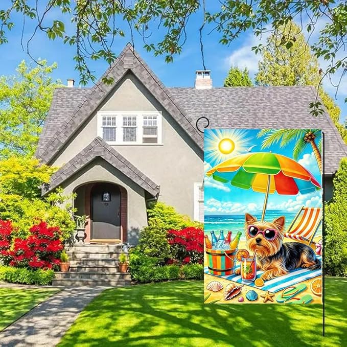 Summer Garden Flags for Outside 12x18 Double Sided, Burlap Beach Yorkie Dog Garden Flag Summer Coastal Decoration, Small Decorative Ocean Outdoor Yard Lawn Porch Flags
