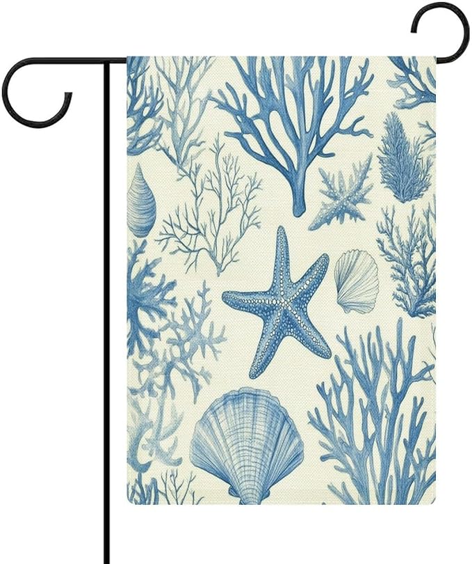 Coastal Nautical Garden Flag Double Sided Burlap 12×18 Inch Coral Reef Pattern with Starfish Shells And Corals Spring Summer Season Garden Flags Yard Flag Seasonal Outdoor Décor for Yard Farmhouse
