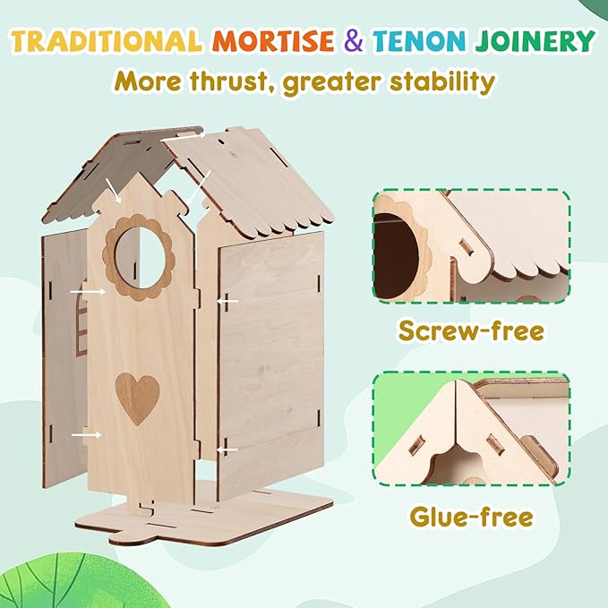 3 Pack Bird Houses Kits for Kids, Wooden Painting Arts and Crafts for Kids Ages 8-12, Build & Paint Your Own Bird Houses and Wind Chime Kits, Toddlers for Girls Boys