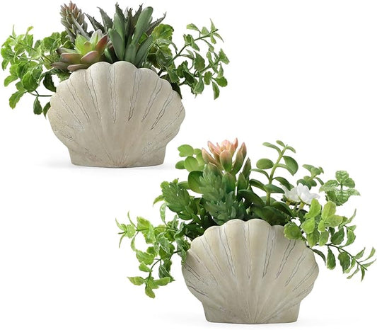 Lewondr Fake Plants Set of 2, Assorted Faux Succulents Artificial Plants with Sea Shell Pots, Artificial Greenery in Coastal Beach Decor, Ocean Seashell Series for Home Bedroom Beach Theme Party