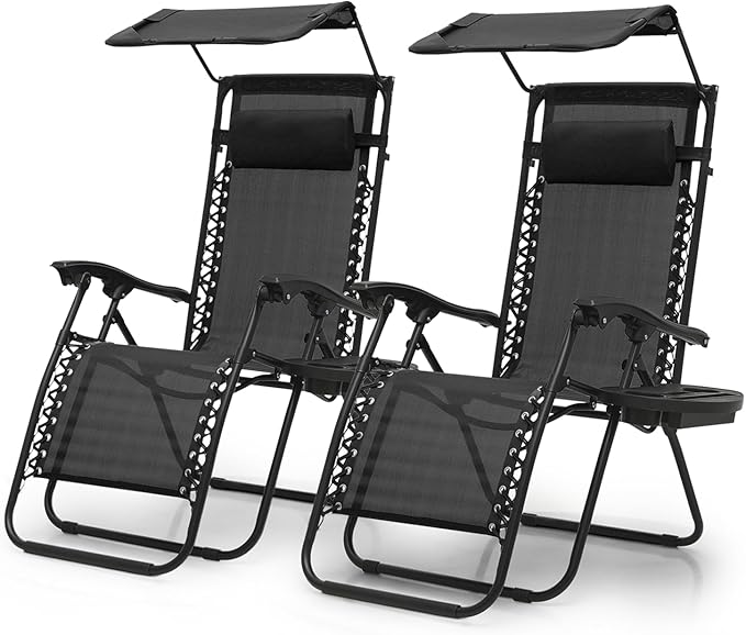 Magshion Zero Gravity Chair with Canopy Set of 2, Reclining Outdoor Patio Lounge Chair, Folding Anti Gravity Recliner, Portable Lounger with Removable Cup Holder Side Tray and Pillow Headrest (Black)