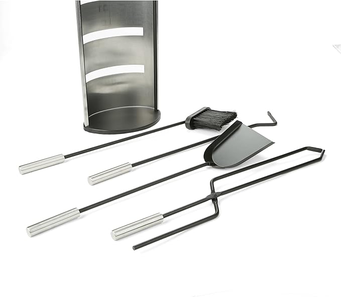 Mind Reader Fireplace Set with Stand, Brush, Shovel Scoop, Poker, Tongs, Durable Steel, 9"L x 6"W x 26.25"H, 4 Pcs, Silver
