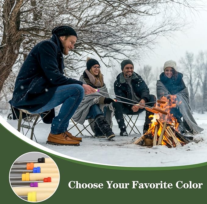 12 Pack Marshmallow Roasting Sticks Set, Extendable 32in Long Metal Barbecue Skewers with Wooden Handle, for Marshmallow, Hot Dogs, Camping, BBQ, Grill