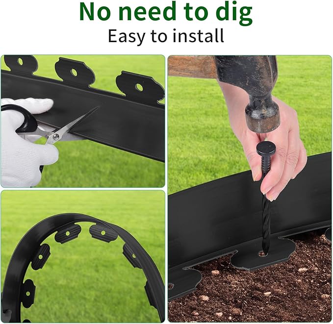 4 in x 80 Ft Garden Landscape Edging, No Dig Garden Edging Border Kit with 147 Pcs Spikes for Flower Bed Lawn Yard Grass Black