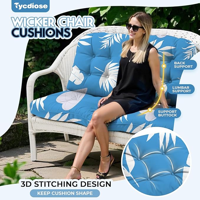 All Weather 3 Piece Wicker Furniture Chair Cushions, Waterproof Outdoor Wicker Chair Cushion for Patio Furniture Loveseat Settee Bench, 1 Loveseat and 2 U-Shaped Thickened Cushions, Blue Leaf