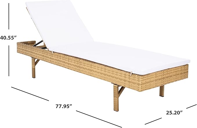 SAFAVIEH Outdoor Collection Cam Natural Brown Wicker/White Cushion Adjustable Chaise Lounge Chair, Black/Beige (PAT7501D)