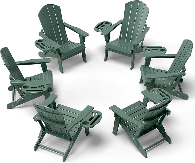 Adirondack Chair Set of 6, HDPE Folding Adirondack Chair with Multifunctional Cup Holder, Weather Resistant Fire Pit Chair for porches, patios, poolsides, Decks.